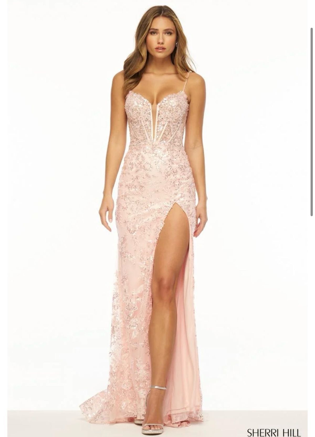 Style 56208 Sherri Hill Size 6 Prom Plunge Pink Side Slit Dress on Queenly