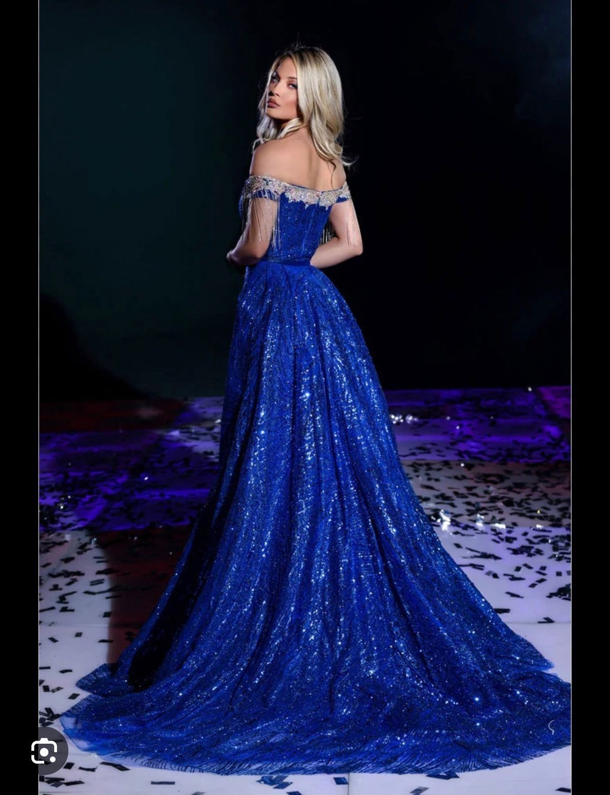 Style ps22579 Portia and Scarlett Size 4 Prom Off The Shoulder Sequined Royal Blue Side Slit Dress on Queenly