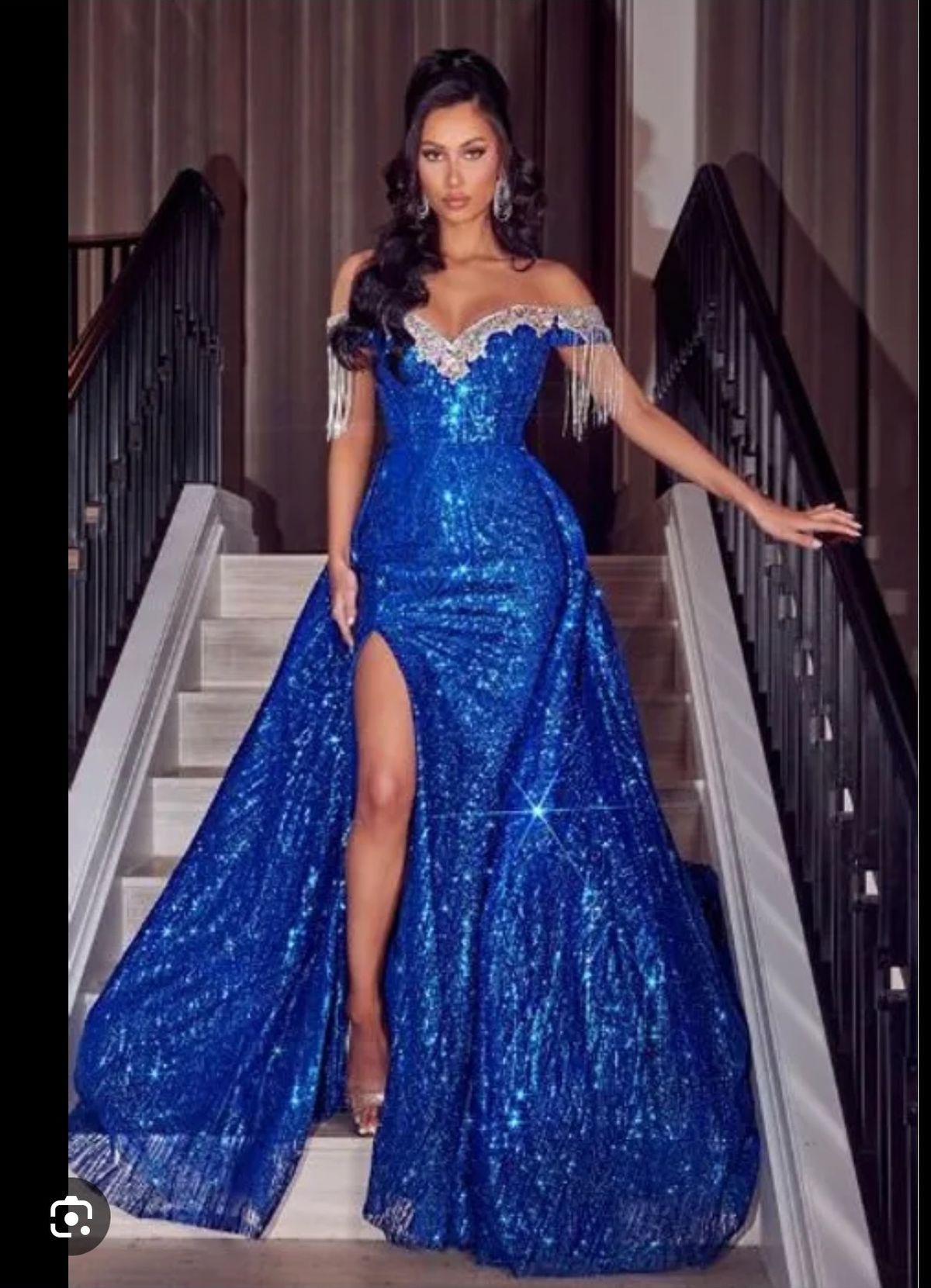 Style ps22579 Portia and Scarlett Size 4 Prom Off The Shoulder Sequined Royal Blue Mermaid Dress on Queenly