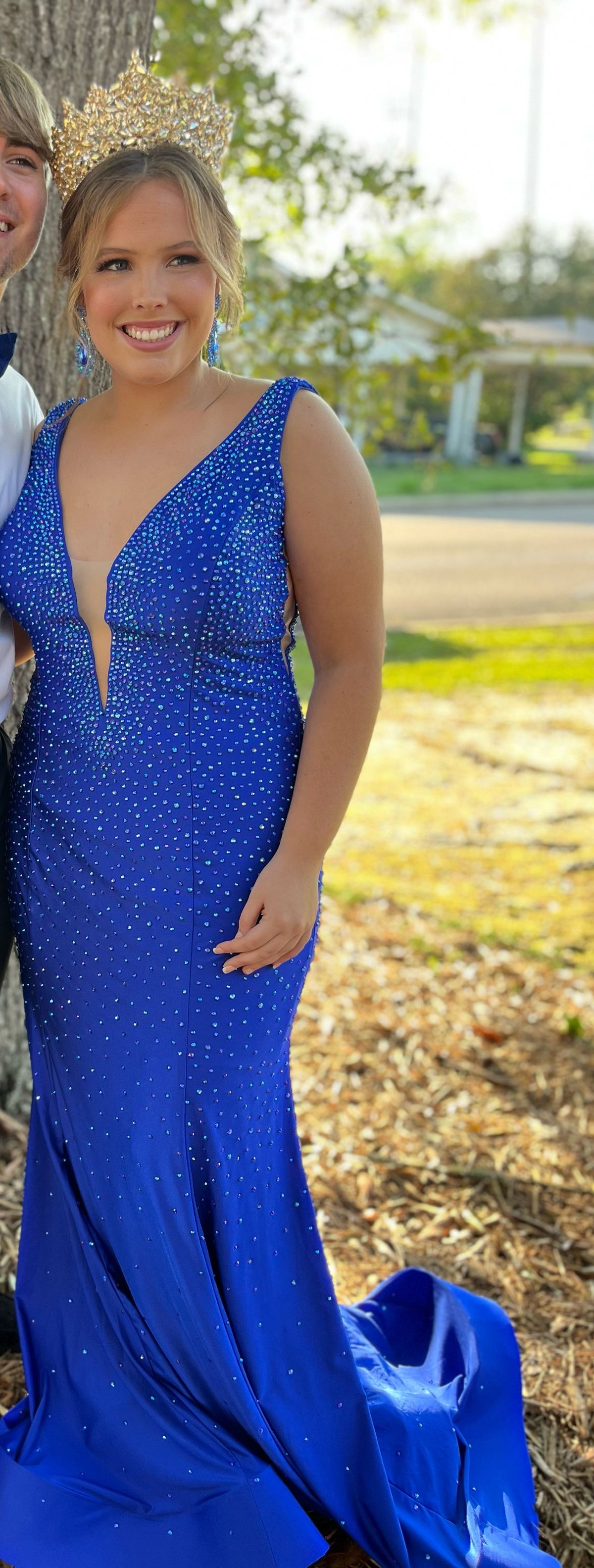Royal We Size L Prom Plunge Sequined Blue Mermaid Dress on Queenly