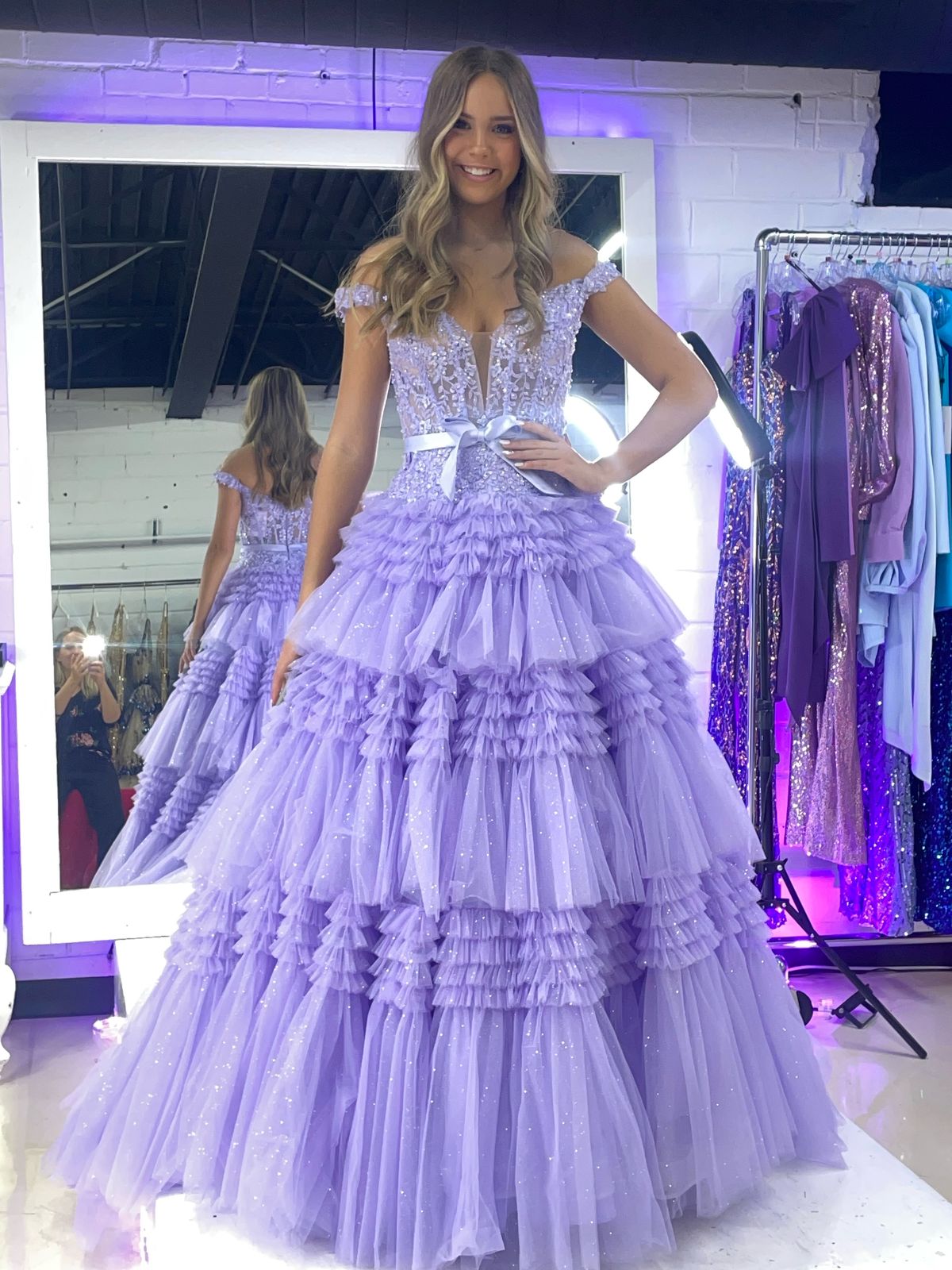 Style 55309 Sherri Hill Size 6 Prom Off The Shoulder Lace Light Purple Ball Gown on Queenly