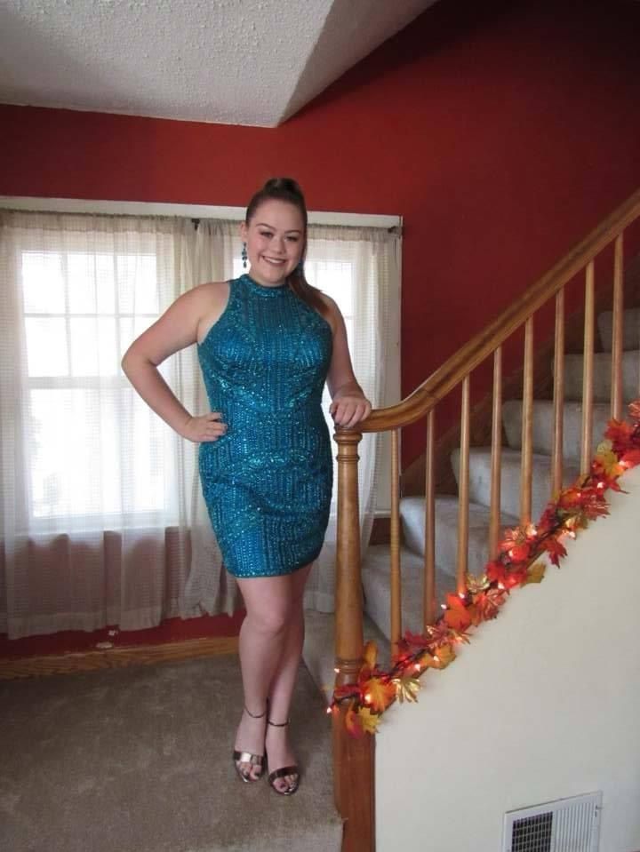 Sherri Hill Plus Size 16 Homecoming High Neck Sequined Blue Cocktail Dress on Queenly