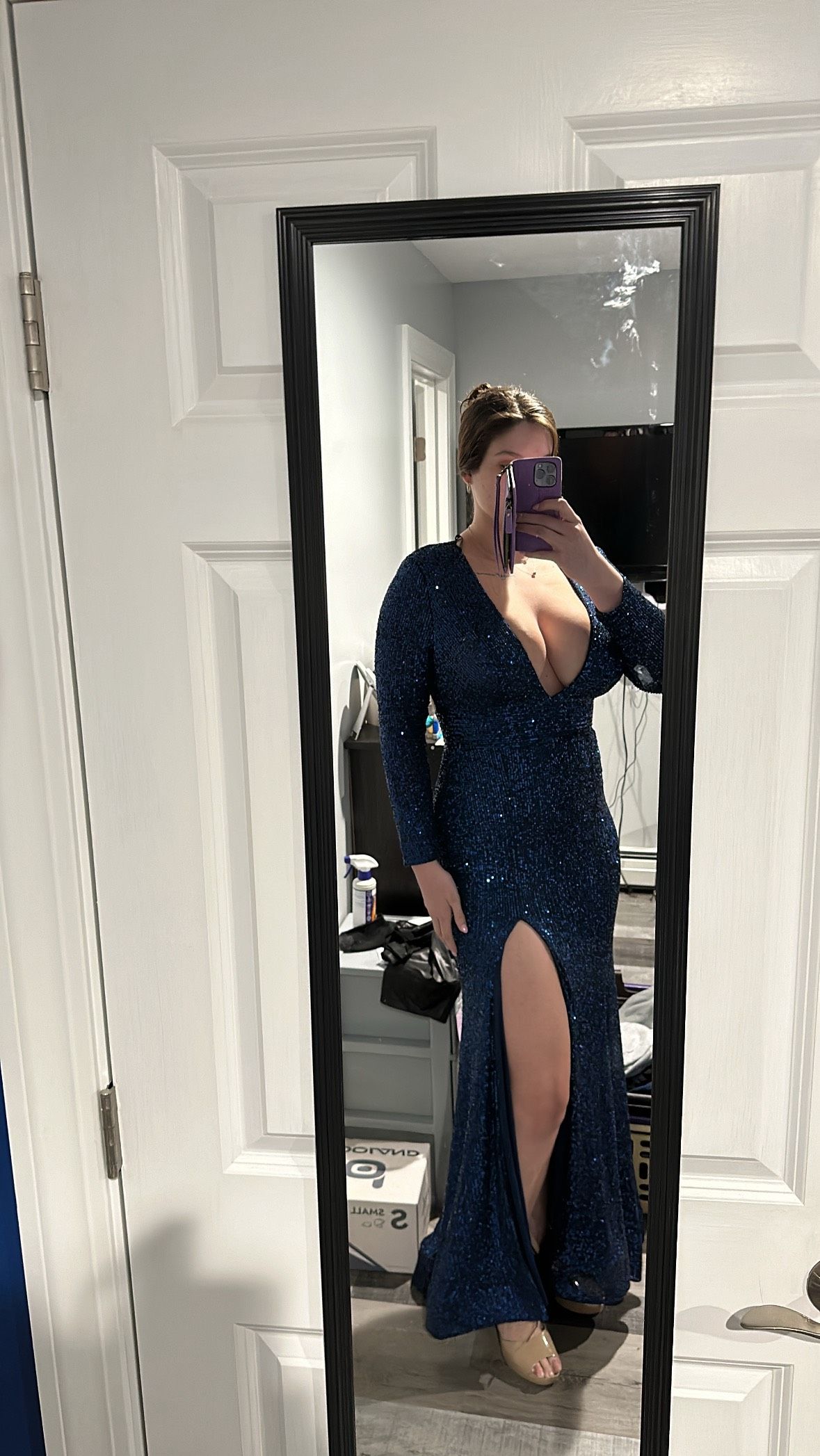 Sherri Hill Size 12 Prom Plunge Navy Blue Side Slit Dress on Queenly