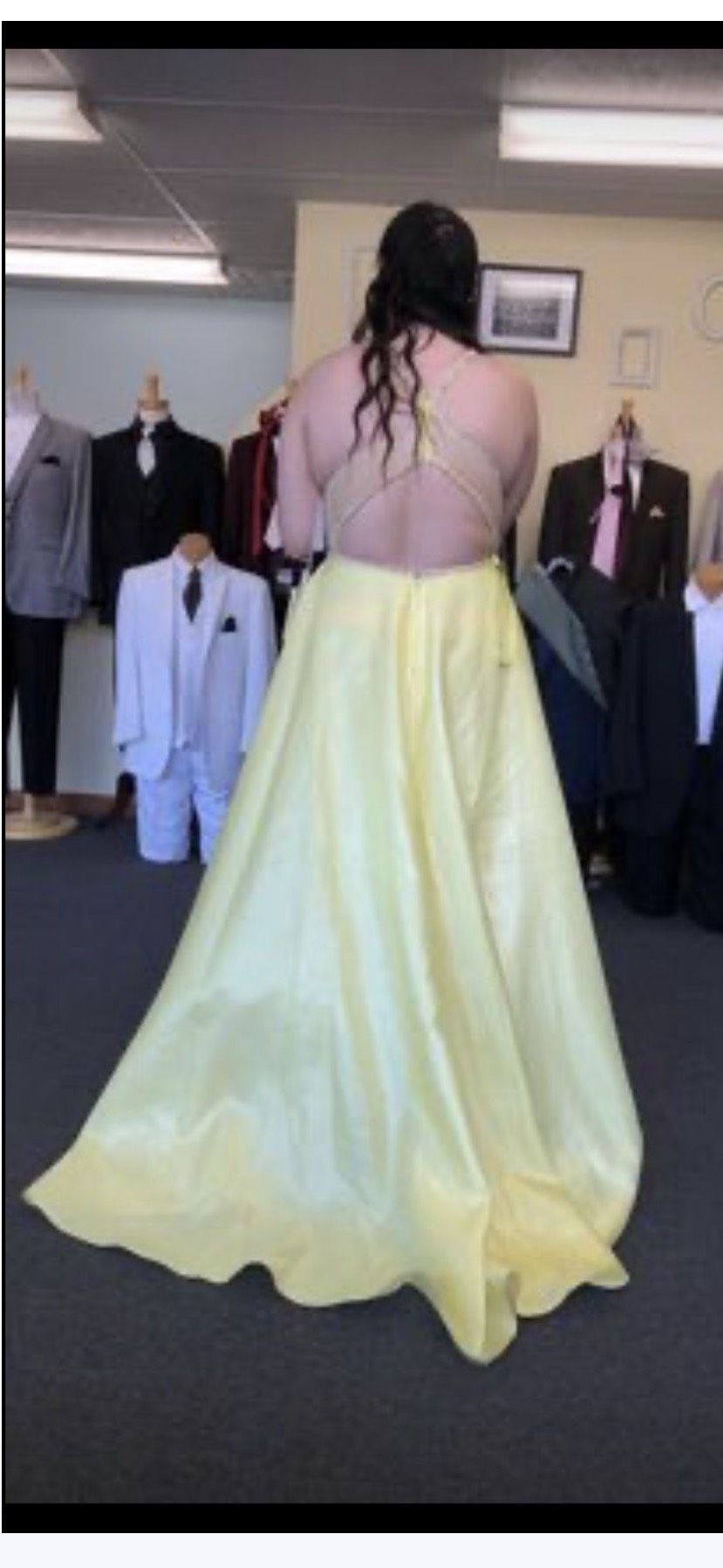 Size 14 Prom High Neck Sheer Yellow Ball Gown on Queenly