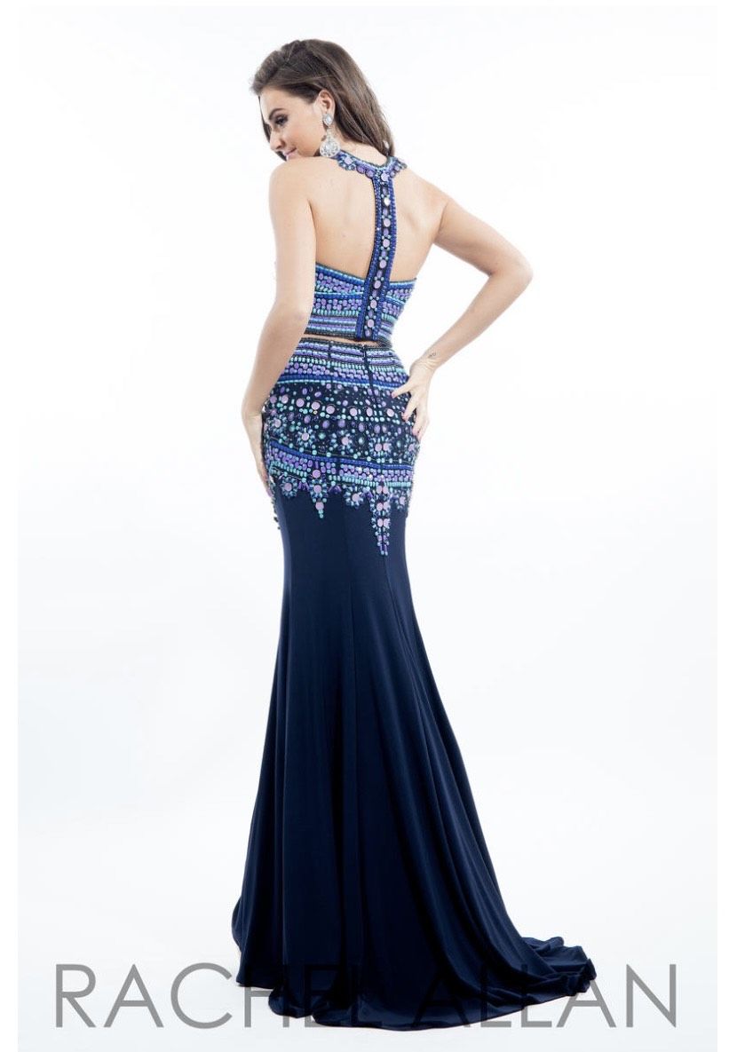 Style 7065RA Rachel Allan Size 10 Halter Navy Blue A-line Dress on Queenly