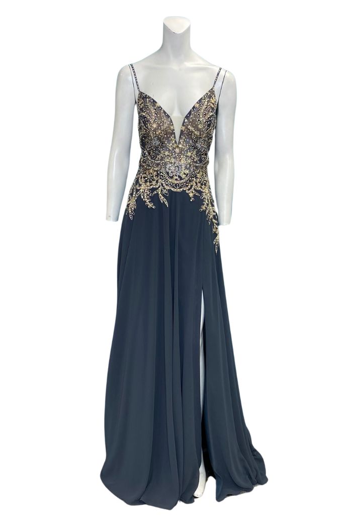 Style JVN55885 JVN by Jovani Plus Size 16 Plunge Sheer Silver Side Slit Dress on Queenly