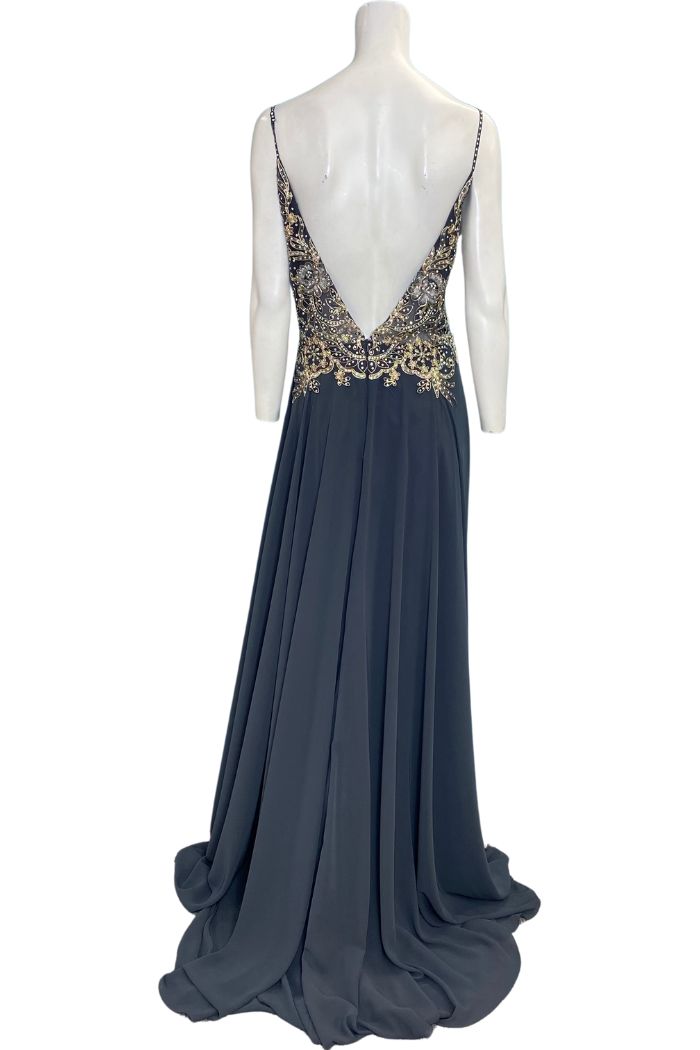 Style JVN55885 JVN by Jovani Plus Size 16 Plunge Sheer Silver Side Slit Dress on Queenly