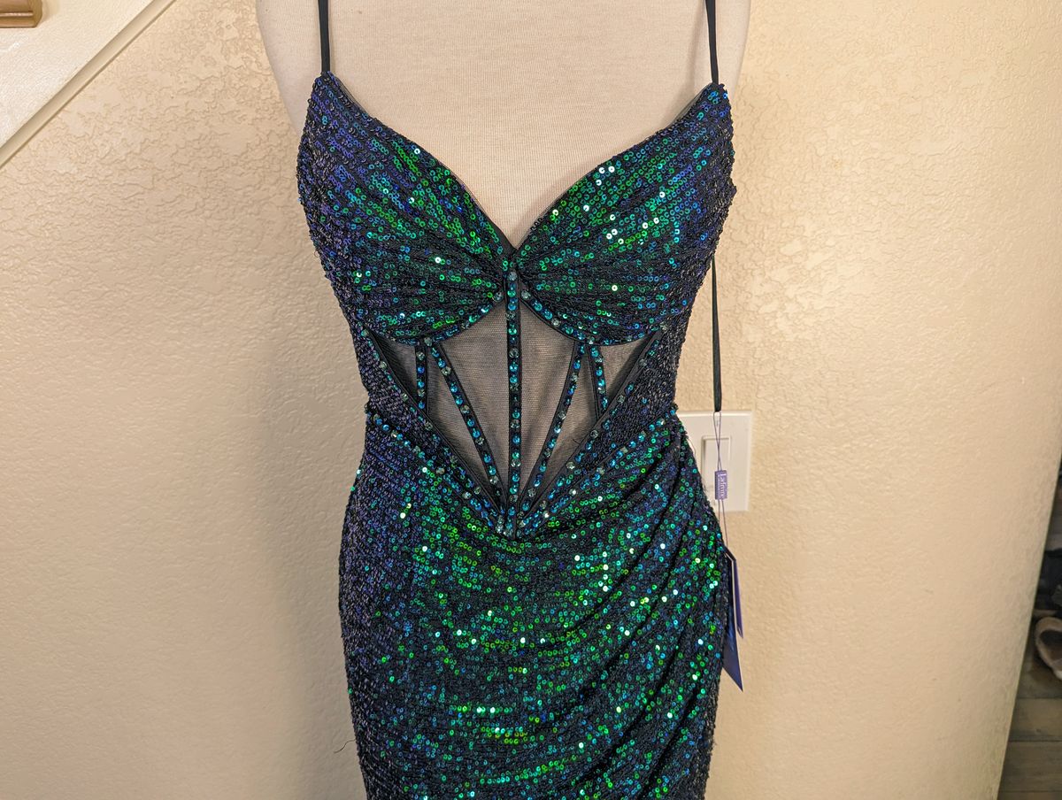 Style Teal Blue Sequin Corset Formal Prom Homecoming Dress Size 4 Prom Plunge Sheer Green Side Slit Dress on Queenly
