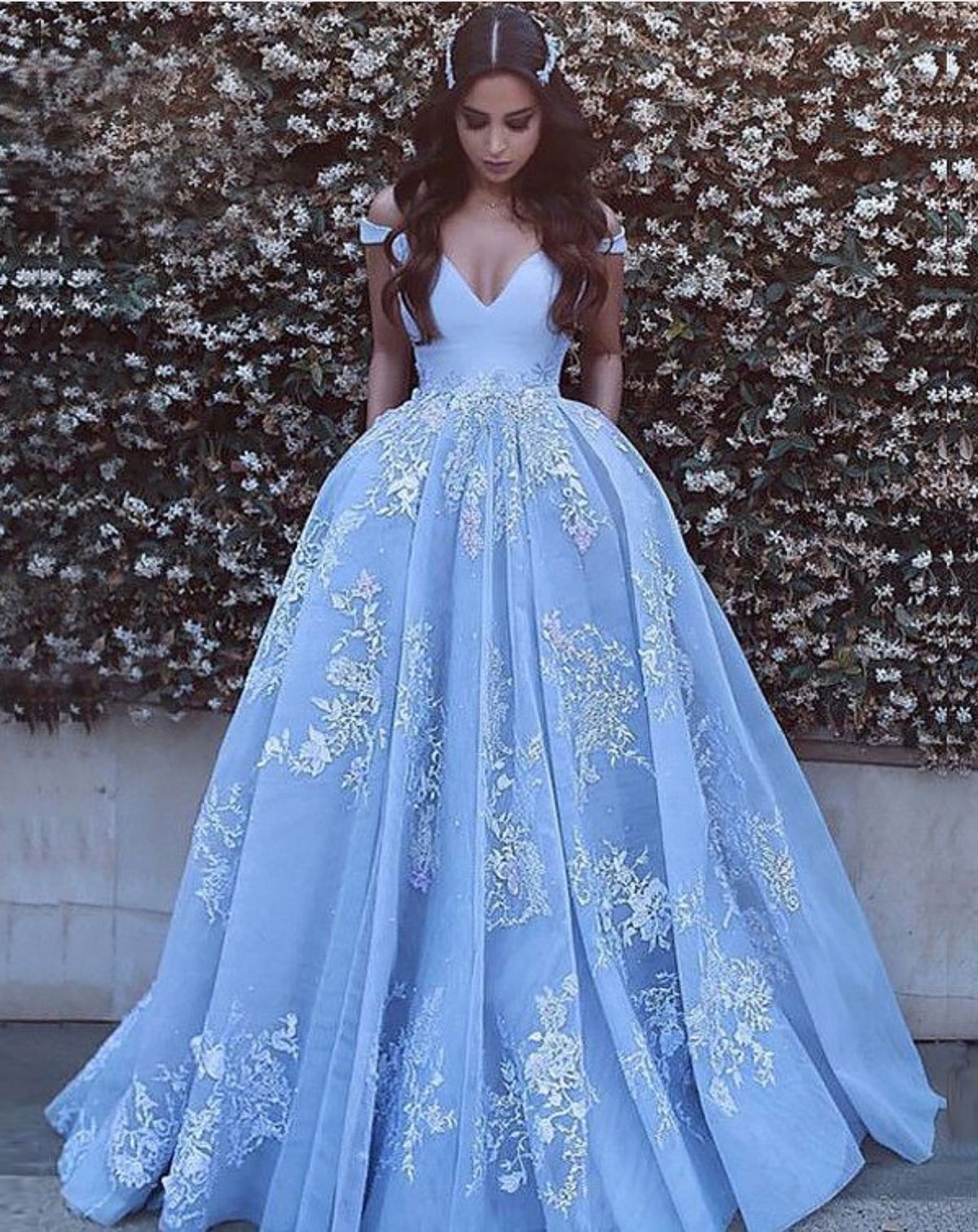 Size 10 Off The Shoulder Blue Ball Gown on Queenly