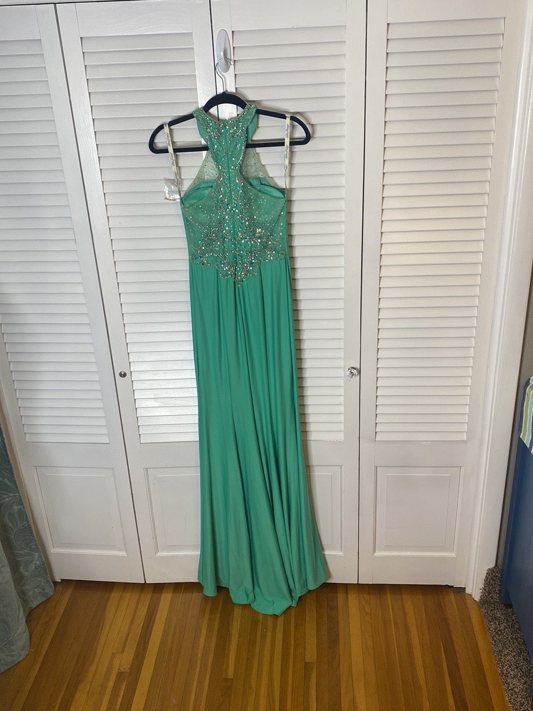 Abby Paris Size 8 Prom High Neck Sheer Light Green Side Slit Dress on Queenly