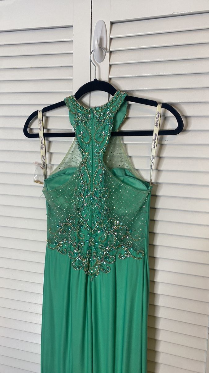 Abby Paris Size 8 Prom High Neck Sheer Light Green Side Slit Dress on Queenly