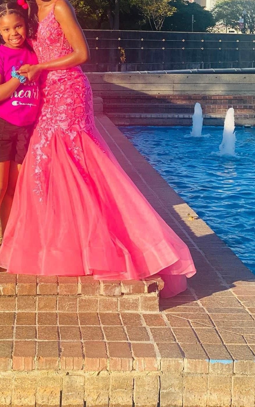 Size 2 Prom Plunge Lace Pink Mermaid Dress on Queenly