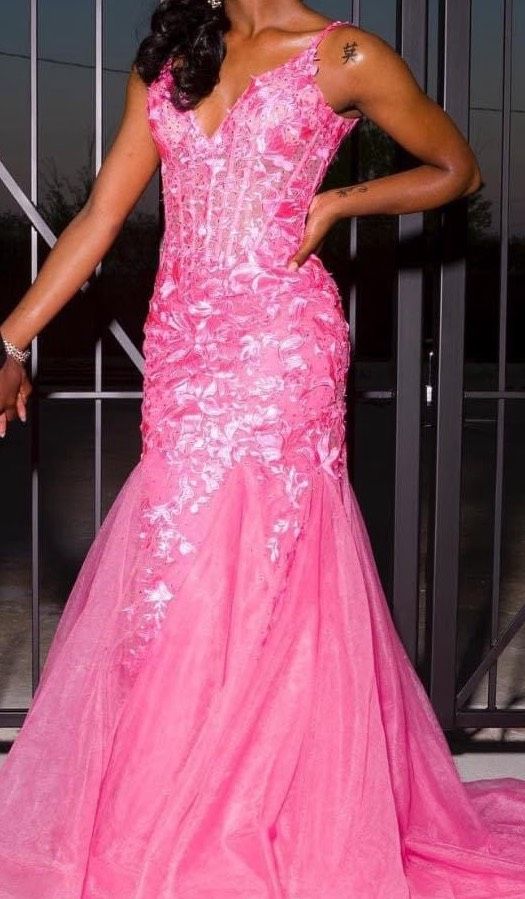Size 2 Prom Plunge Lace Pink Mermaid Dress on Queenly