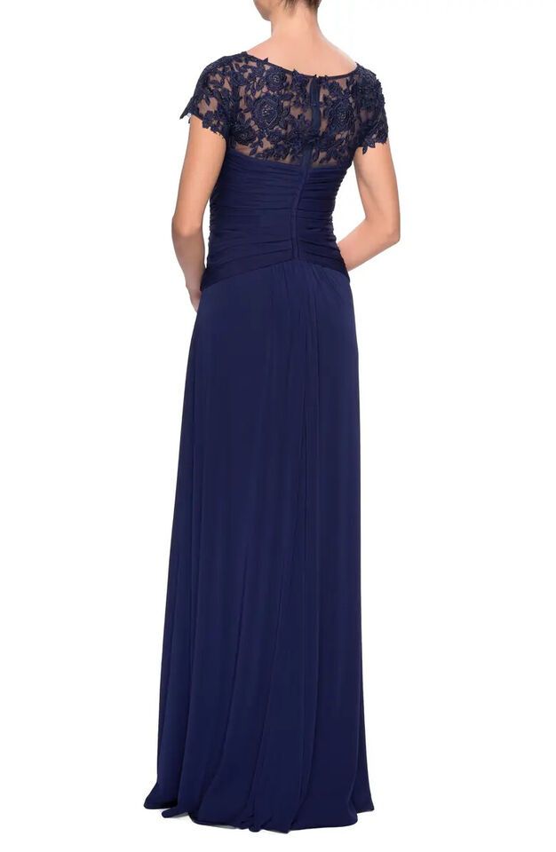 La Femme Size 8 Cap Sleeve Sheer Navy Blue A-line Dress on Queenly