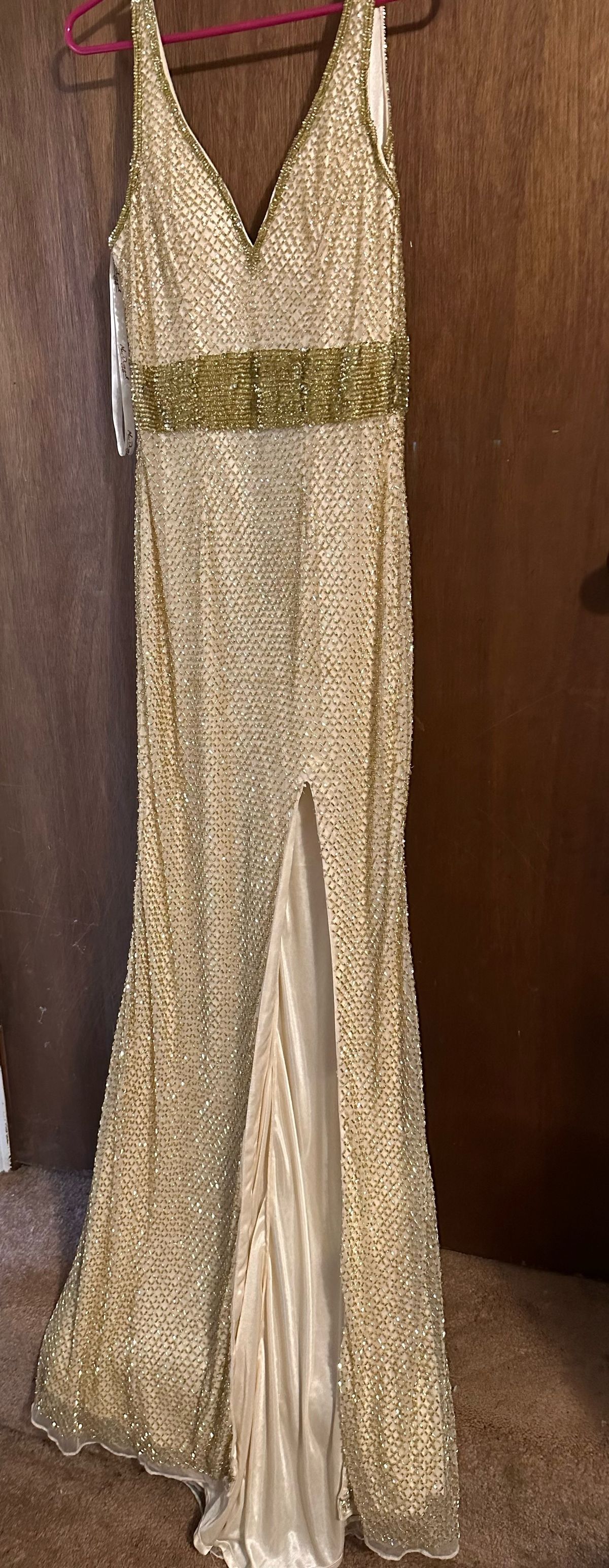 Mac Duggal Size 8 Prom Halter Gold Side Slit Dress on Queenly