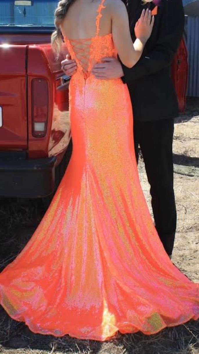 Style 10099 Colors Size 6 Prom Plunge Orange Side Slit Dress on Queenly