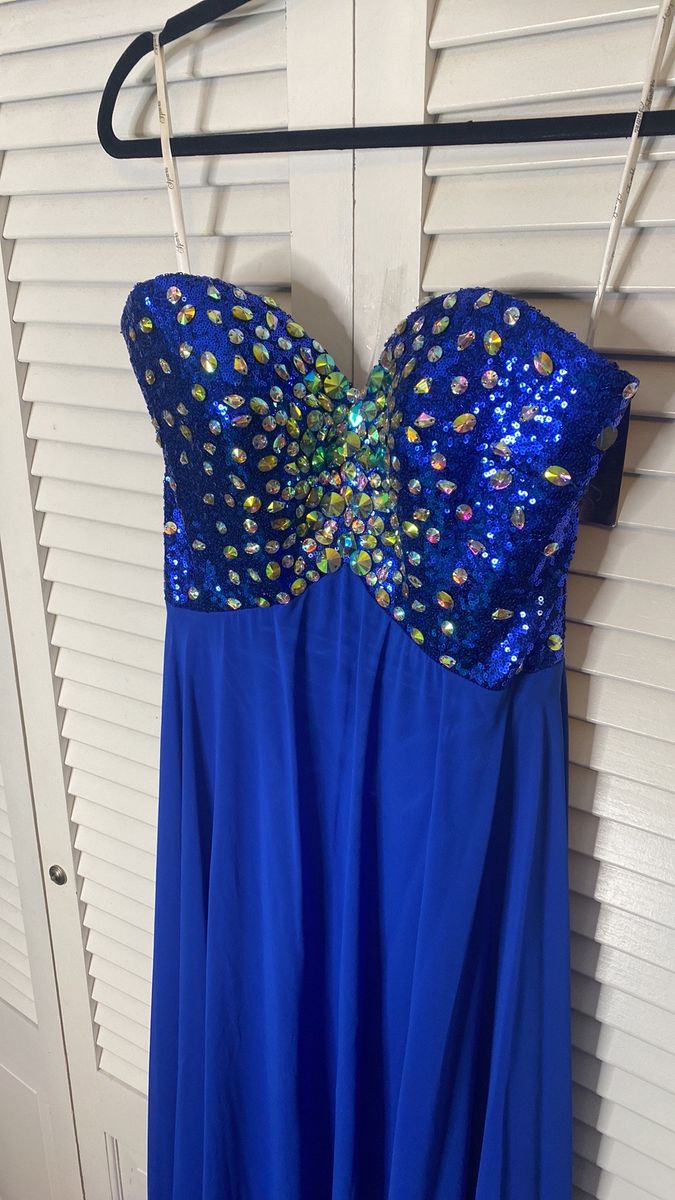 Style 71611 Sparkle Size 8 Prom Strapless Sheer Royal Blue A-line Dress on Queenly