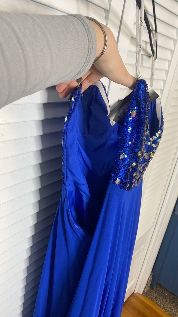 Style 71611 Sparkle Size 8 Prom Strapless Sheer Royal Blue A-line Dress on Queenly