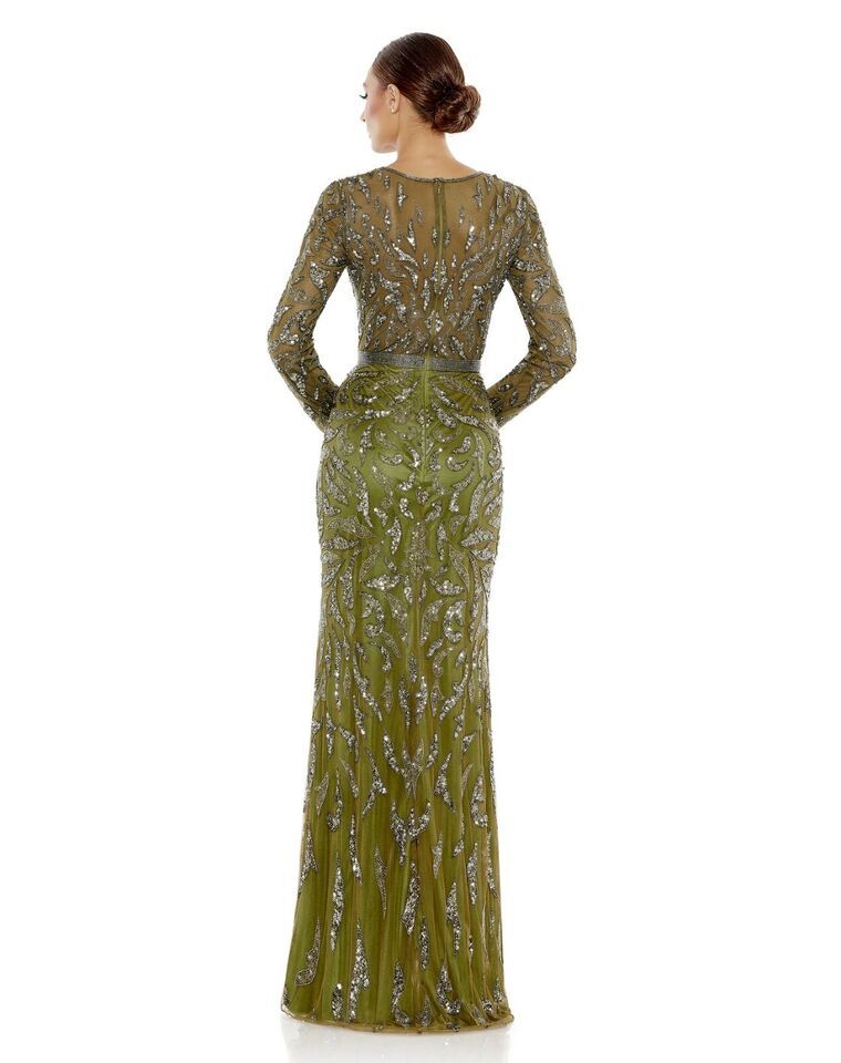 Mac Duggal Size 6 Long Sleeve Lace Green A-line Dress on Queenly