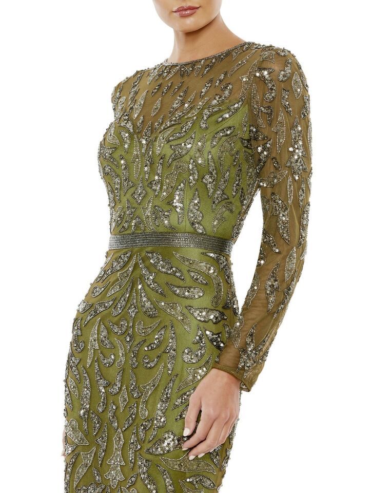 Mac Duggal Size 6 Long Sleeve Lace Green A-line Dress on Queenly