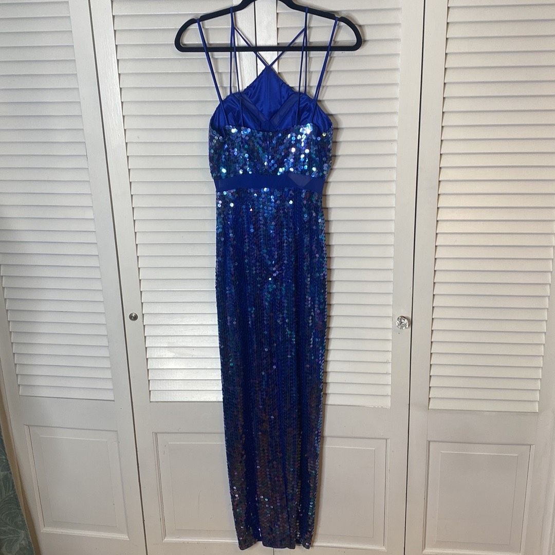 Style 31400 Peak Evenings Size 2 Prom High Neck Sheer Blue Side Slit Dress on Queenly