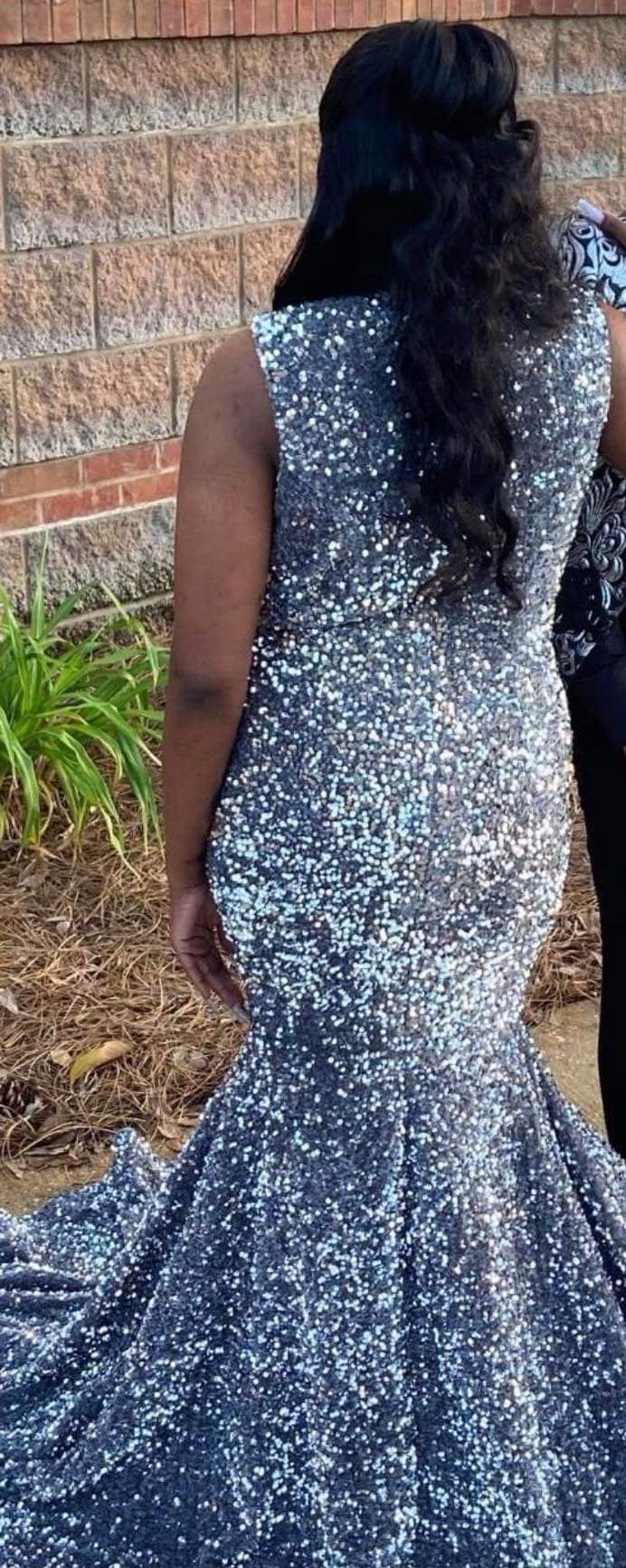 Size 12 Prom Silver Mermaid Dress on Queenly