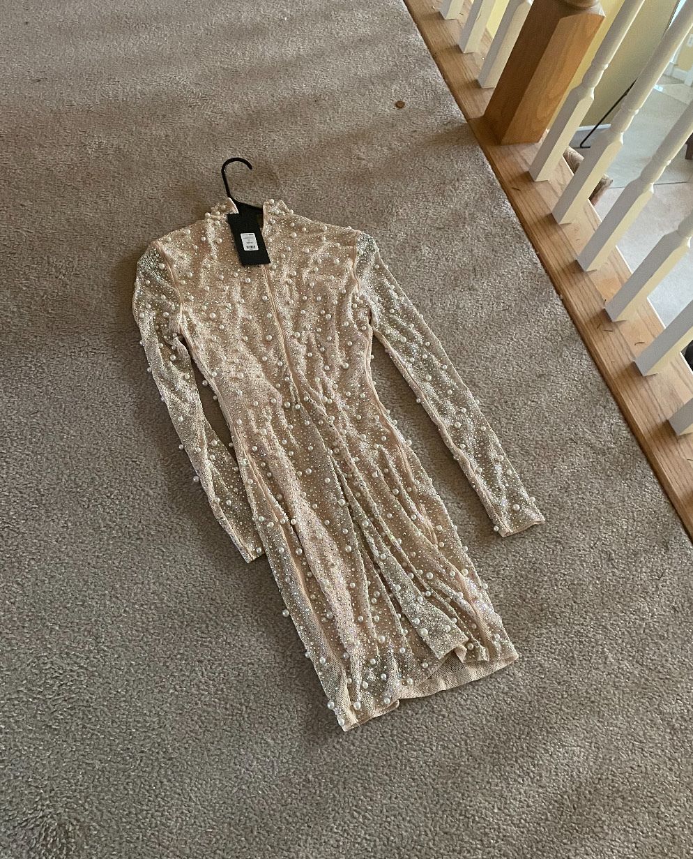 Style Shayla Pearl Embellished Mini Dress Fashion Nova Size XS Homecoming Long Sleeve Nude Cocktail Dress on Queenly