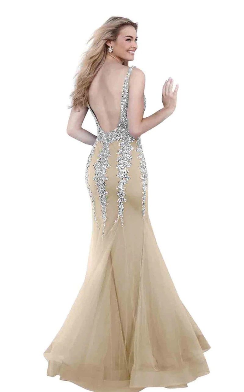 Style 63700 Jovani Size 4 Plunge Sheer Nude Mermaid Dress on Queenly