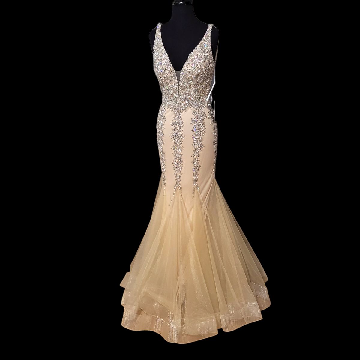 Style 63700 Jovani Size 6 Plunge Sheer Nude Mermaid Dress on Queenly