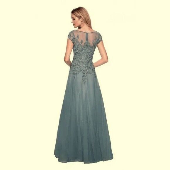 La Femme Size 10 Cap Sleeve Blue Ball Gown on Queenly