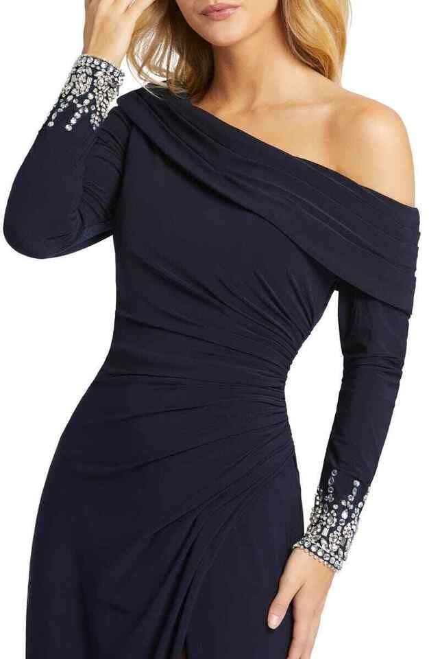 Mac Duggal Size 8 Long Sleeve Sequined Blue Side Slit Dress on Queenly