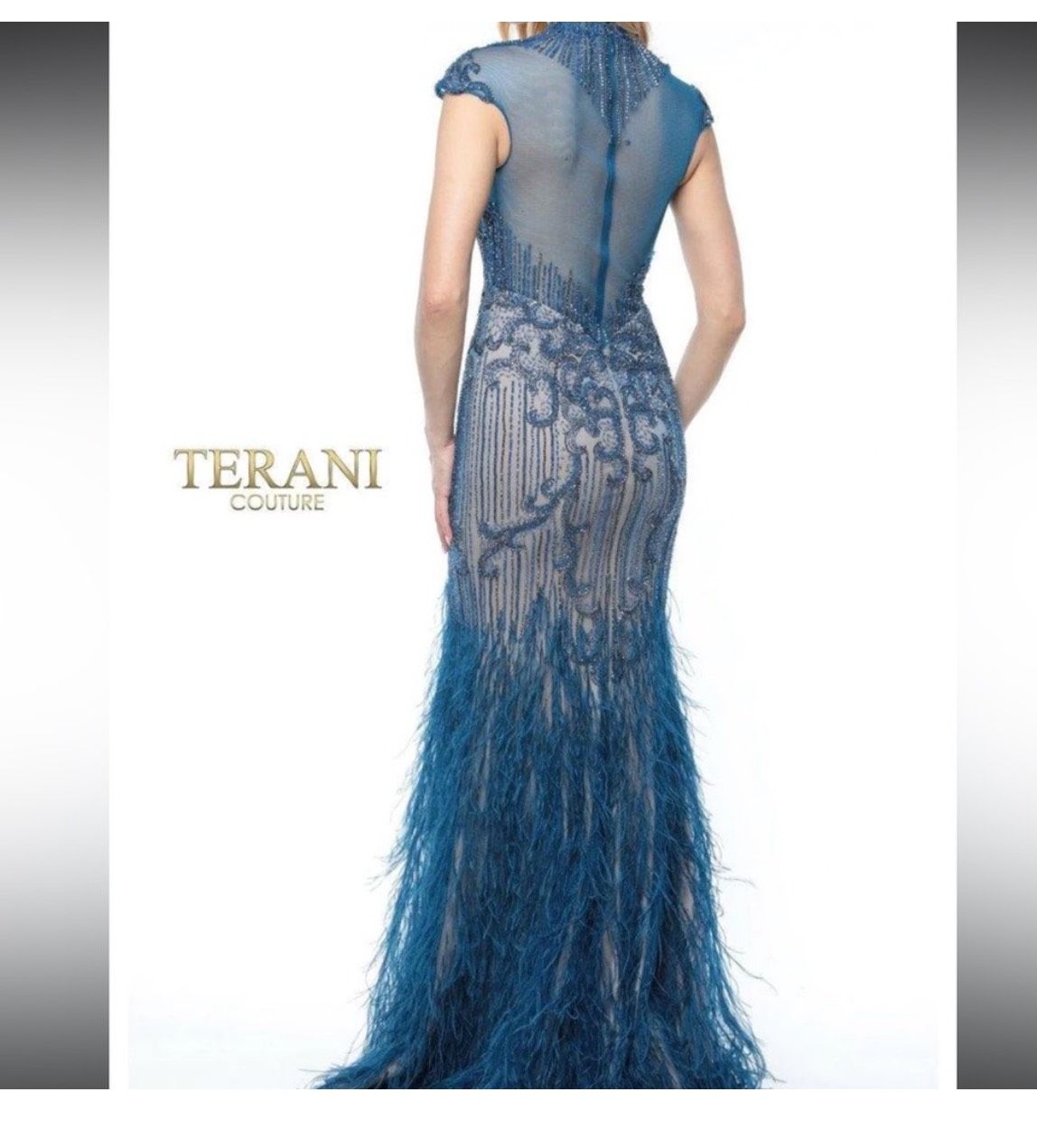 Style 1721GL4446 Terani Couture Size 2 Wedding Guest High Neck Sequined Blue Mermaid Dress on Queenly
