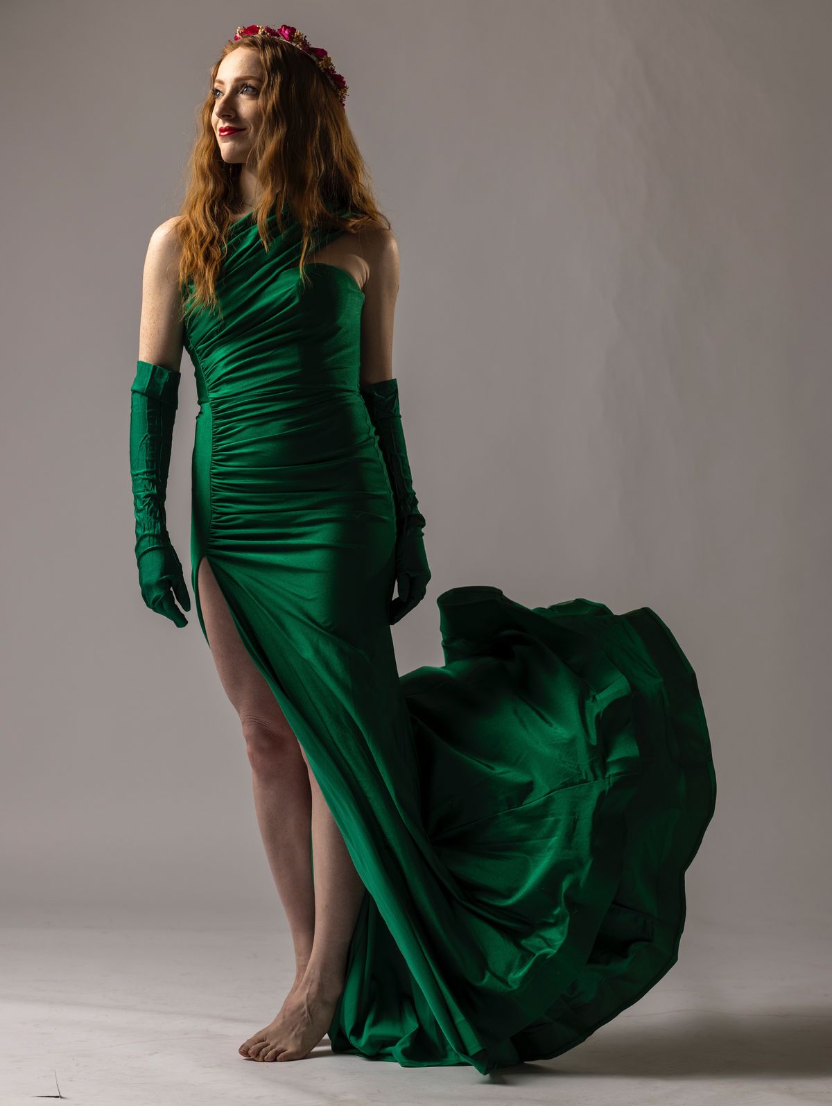 Style CD979 Cinderella Divine Size 4 Off The Shoulder Emerald Green Side Slit Dress on Queenly