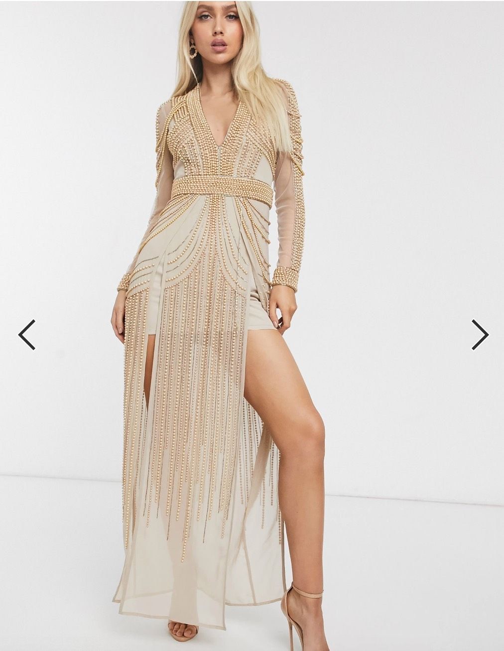 Asos Design Size 4 Prom Long Sleeve Nude Side Slit Dress on Queenly