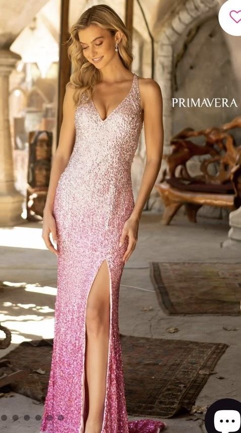 Style 4033P Primavera Size 2 Prom Plunge Pink Mermaid Dress on Queenly