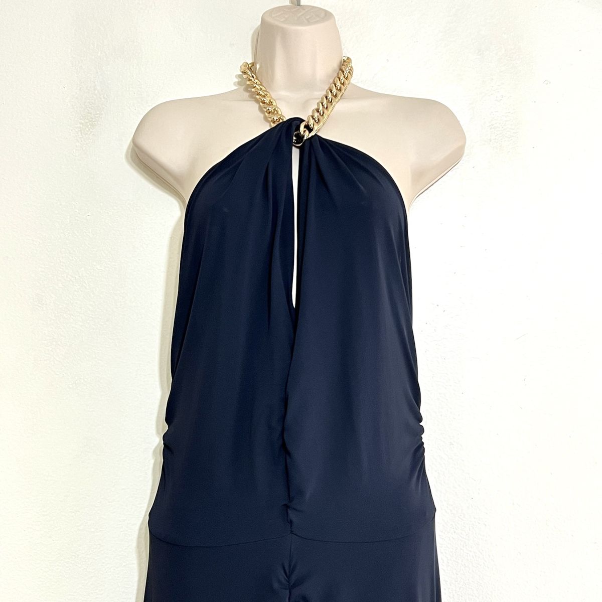 Style Reze Chain Link Veronica Beard Size 12 Halter Navy Blue Side Slit Dress on Queenly