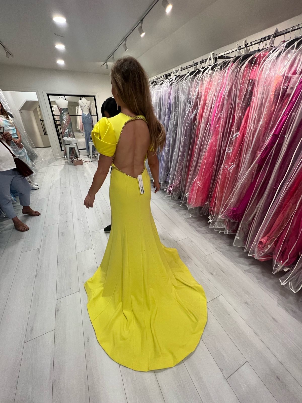 Style CS000033 Jovani Size S Prom Plunge Yellow Side Slit Dress on Queenly