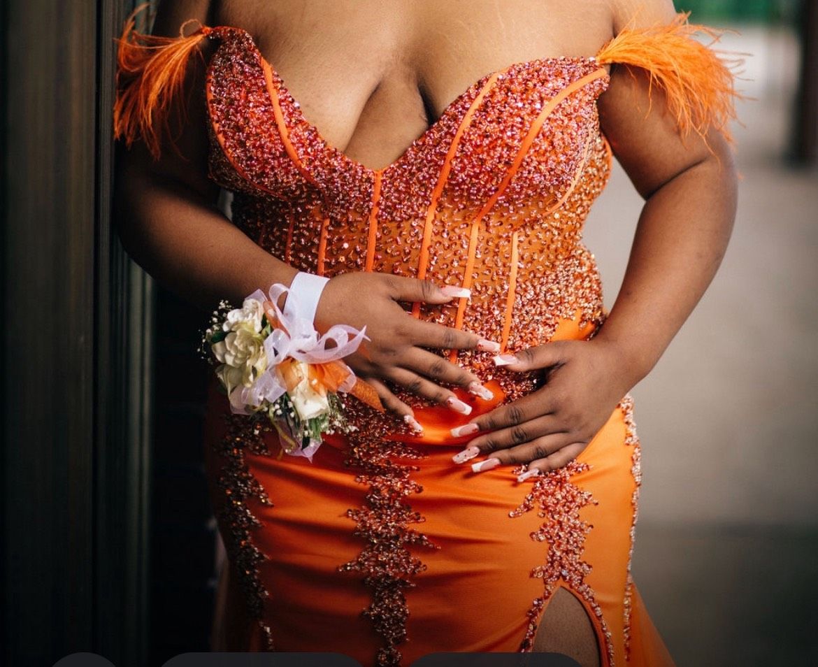 Jovani Size 1X Bridesmaid Plunge Sequined Orange Mermaid Dress on Queenly