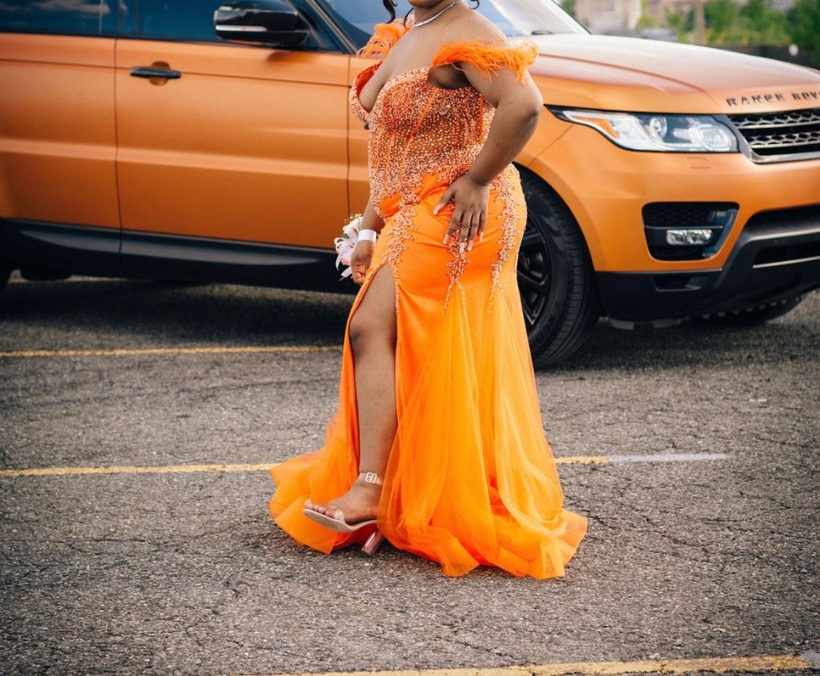 Jovani Size 1X Bridesmaid Plunge Sequined Orange Mermaid Dress on Queenly
