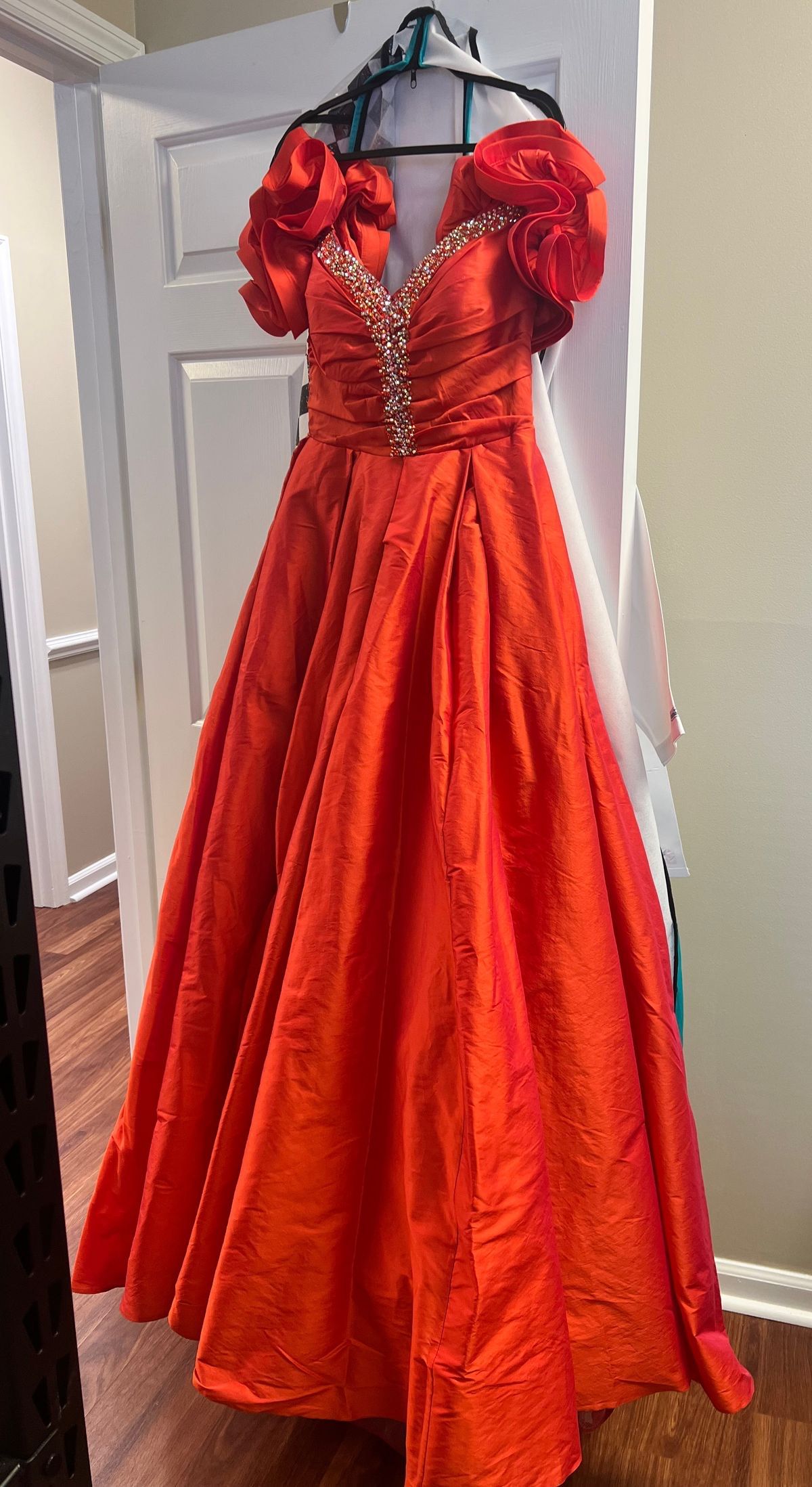 JVN Size 8 Pageant Off The Shoulder Orange Ball Gown on Queenly