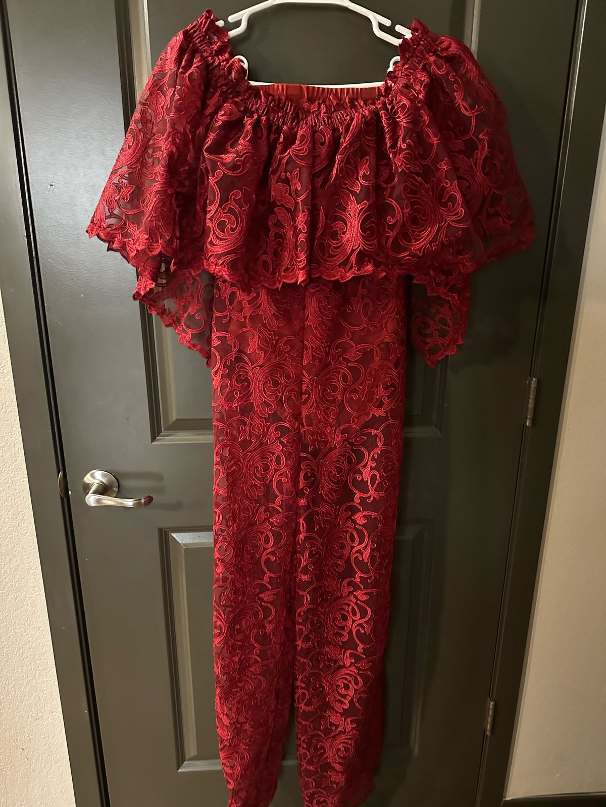 Size 4 Homecoming Off The Shoulder Lace Red Formal Jumpsuit on Queenly