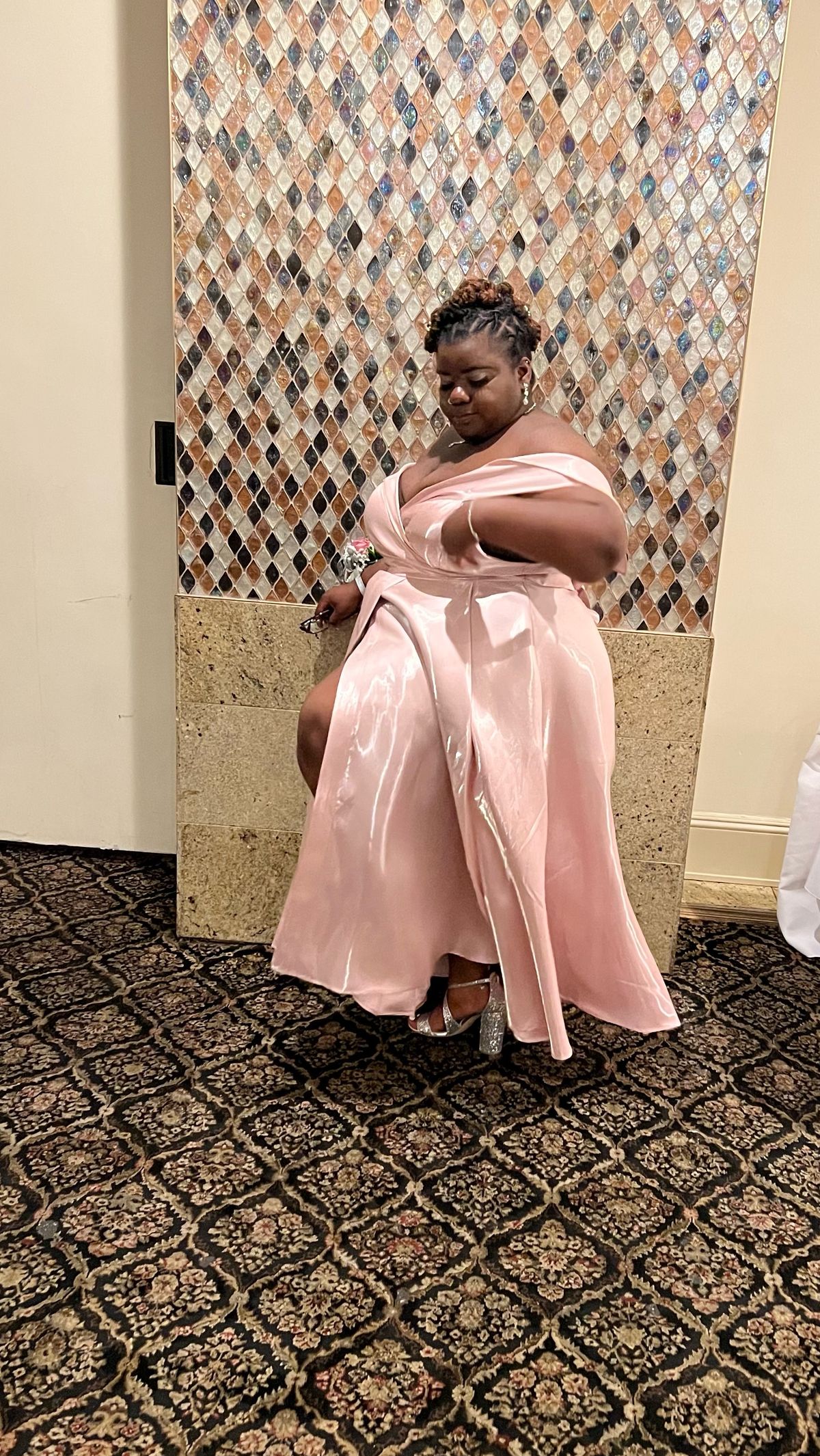Plus Size 28 Bridesmaid Off The Shoulder Light Pink Ball Gown on Queenly