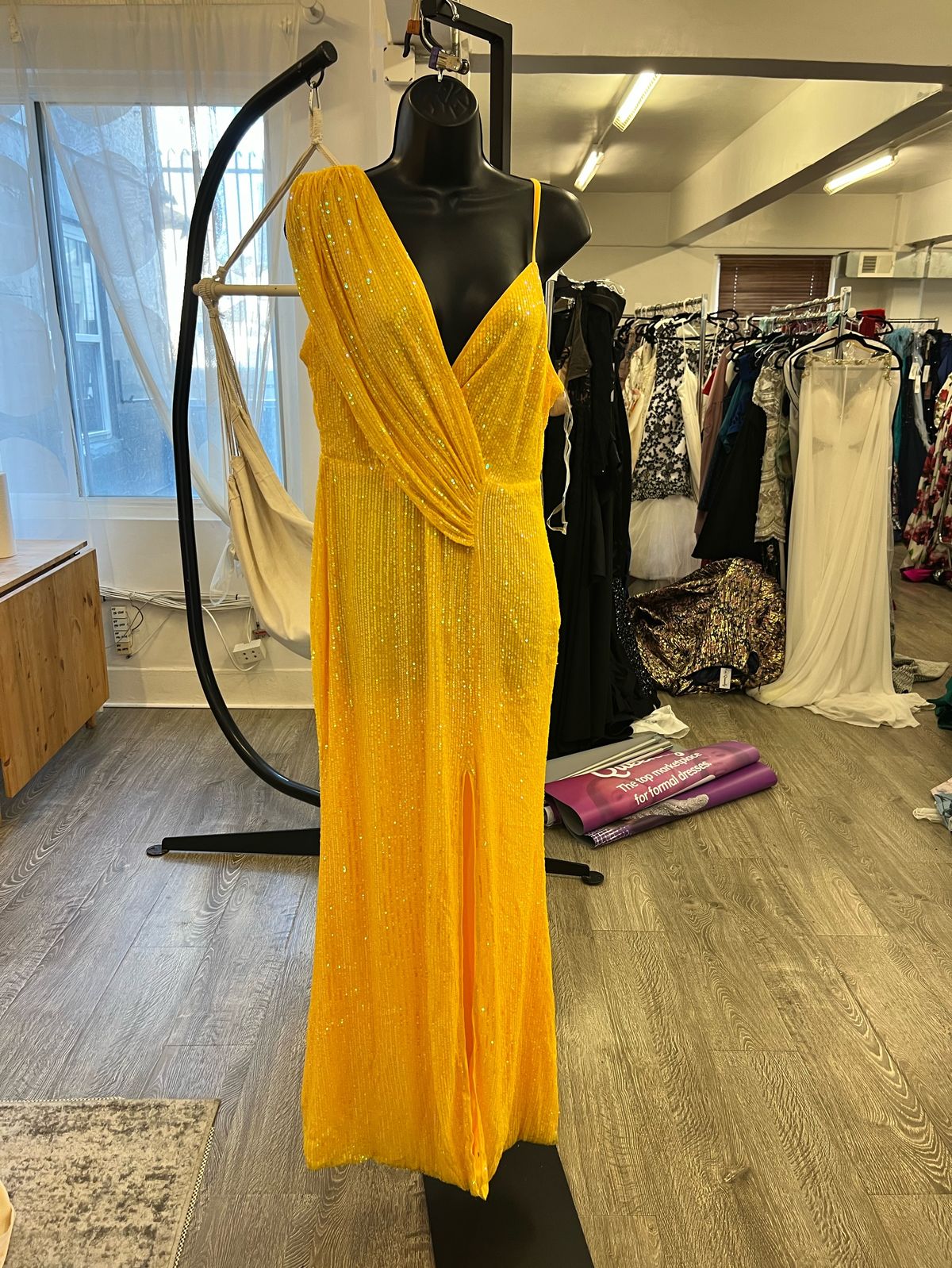 Faeriesty Size L Prom Plunge Yellow Side Slit Dress on Queenly