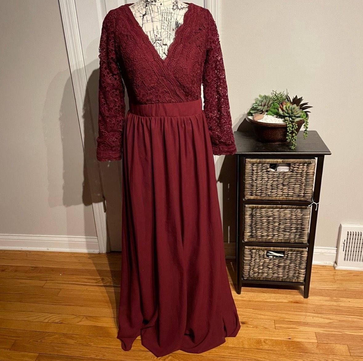 Size 12 Bridesmaid Plunge Lace Burgundy Red Ball Gown on Queenly