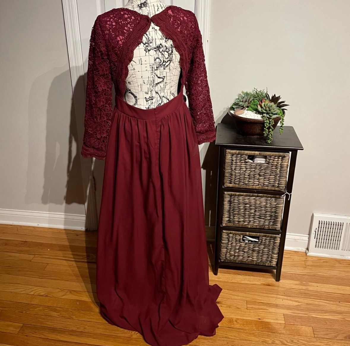 Size 12 Bridesmaid Plunge Lace Burgundy Red Ball Gown on Queenly