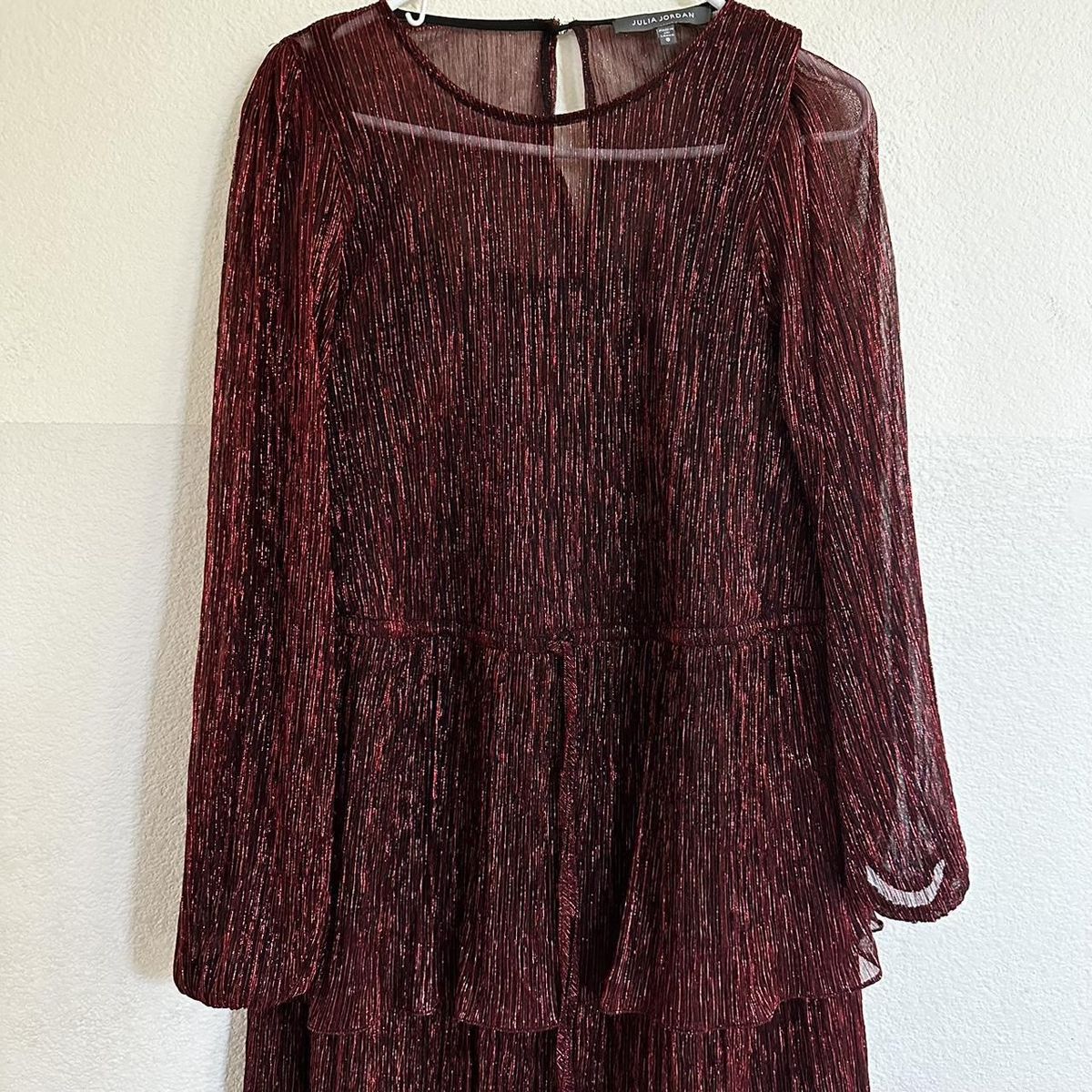 Size 8 Wedding Guest Long Sleeve Sheer Burgundy Red A-line Dress on Queenly