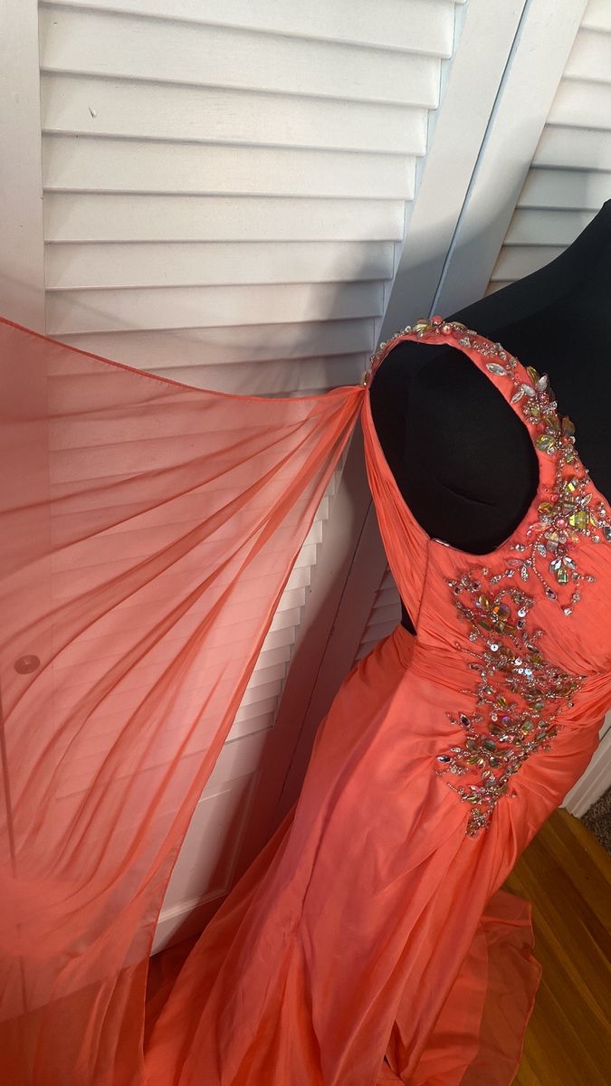 Style P3253 Kiss Kiss Formal Size 4 Prom Off The Shoulder Sequined Coral Dress With Train on Queenly