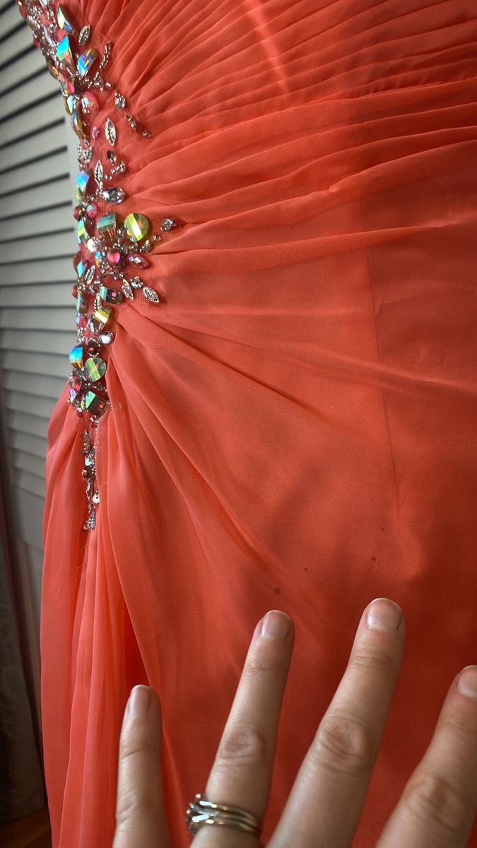 Style P3253 Kiss Kiss Formal Size 4 Prom Off The Shoulder Sequined Coral Dress With Train on Queenly