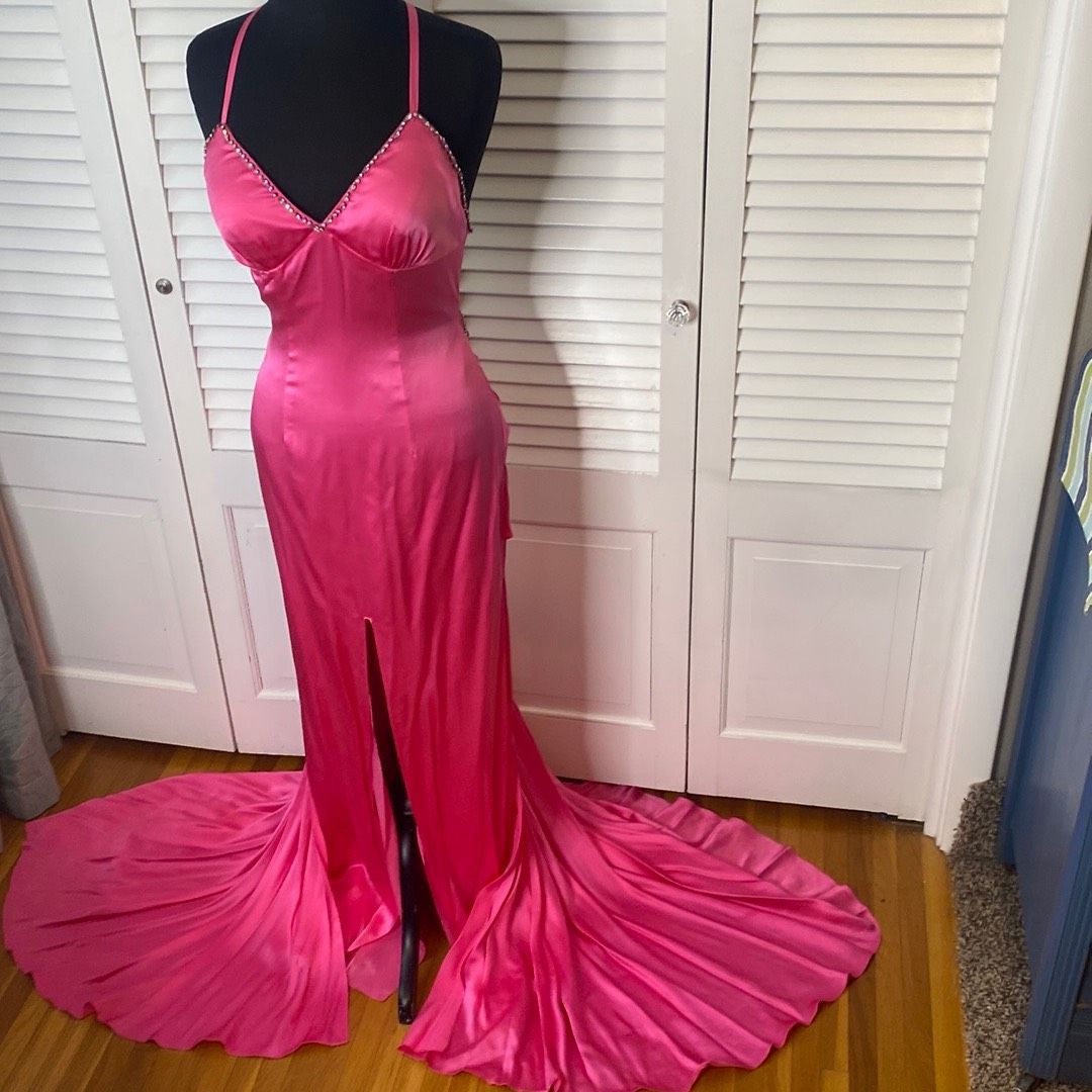 Jovani Size 6 Prom Plunge Sequined Hot Pink Dress With Train on Queenly