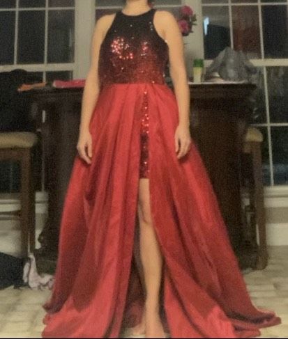 Size 12 Prom High Neck Red Formal Jumpsuit on Queenly